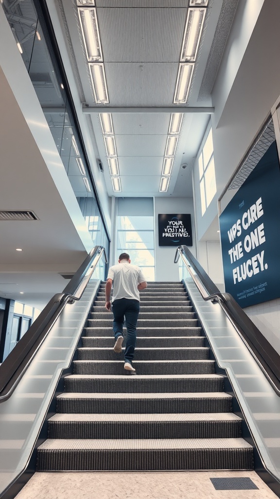 A person walking up the stairs in a modern building.