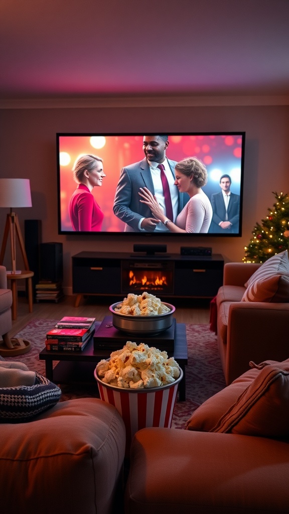 Cozy living room setup for a Valentine's Day movie marathon with popcorn and a movie playing on the screen.