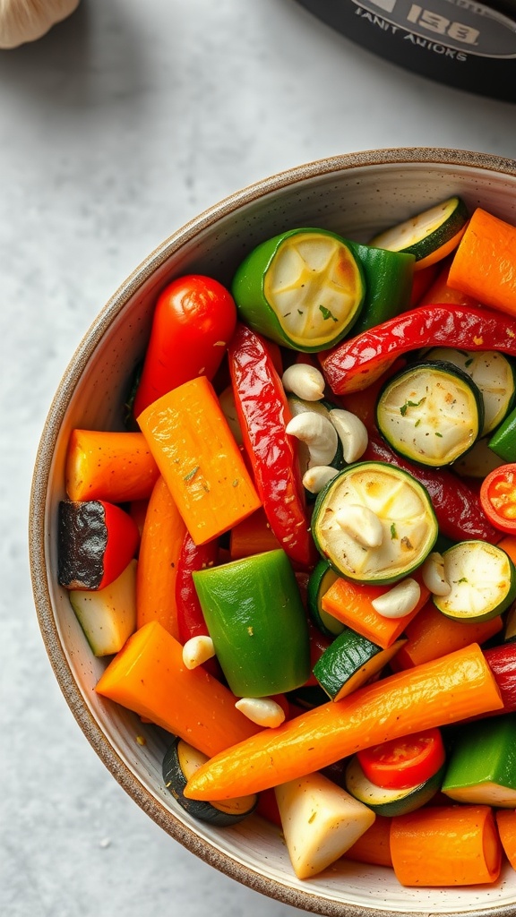 A bowl of colorful mixed vegetables including bell peppers, zucchini, and carrots