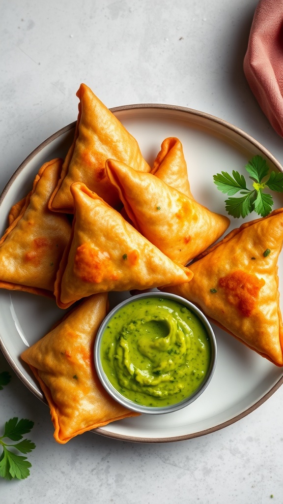Plate of golden vegetable samosas with green chutney and fresh cilantro.