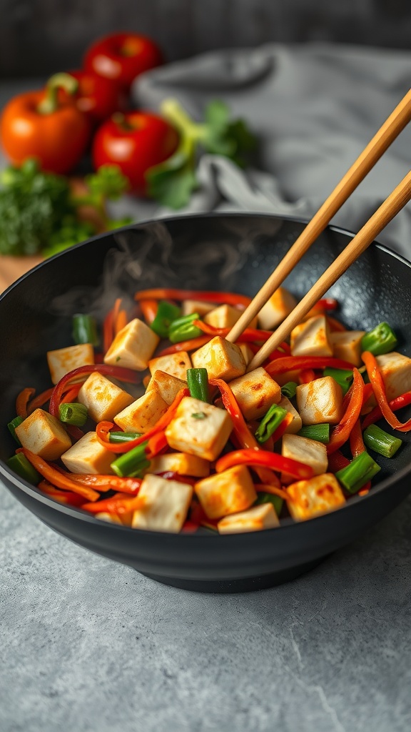 A vibrant vegetable stir-fry with tofu, featuring bell peppers and green onions.