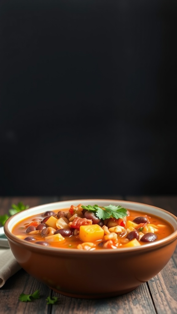 A bowl of vegetarian chili with beans and assorted veggies, topped with cilantro.