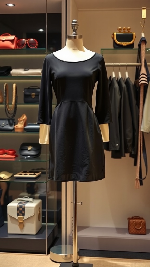 A stylish little black dress on a mannequin in a boutique setting.