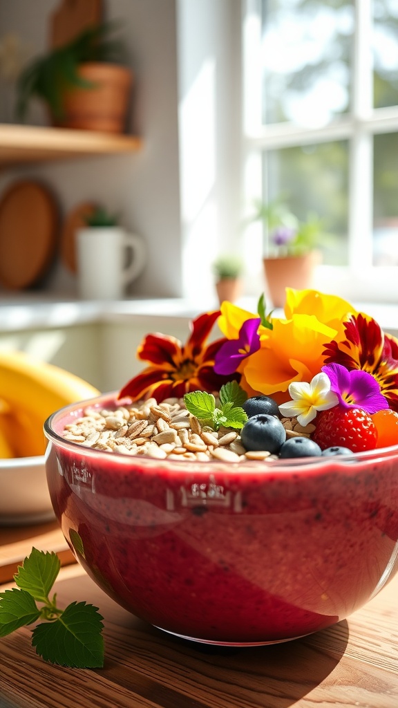 A colorful smoothie bowl topped with fruits, nuts, and flowers.