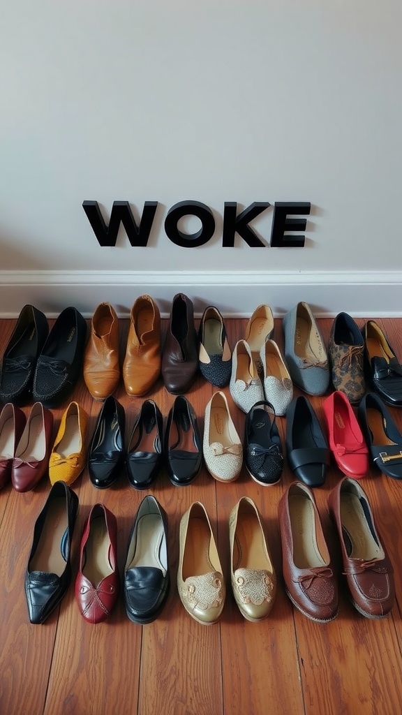 A collection of vintage footwear displayed on a wooden floor with the word 'WOKE' in the background.