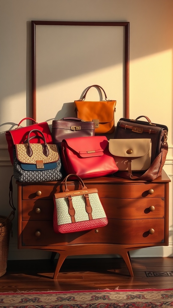 A collection of vintage handbags displayed on a wooden dresser.