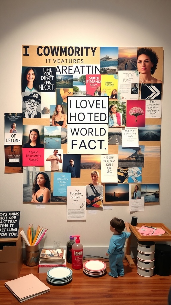 A vision board filled with inspirational images and quotes, showcasing personal goals and positive affirmations.