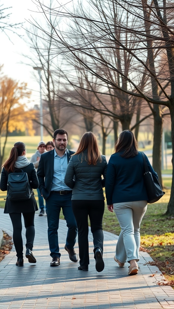 Group of people walking in a park during a meeting