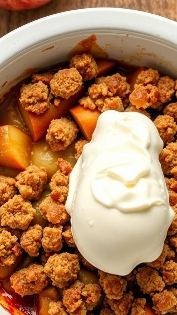 A close-up of warm apple crisp topped with vanilla ice cream
