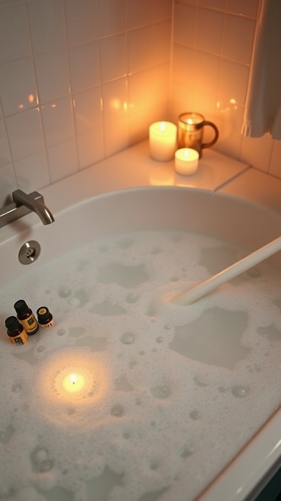 A warm bath with bubbles, essential oils, and lit candles for relaxation.