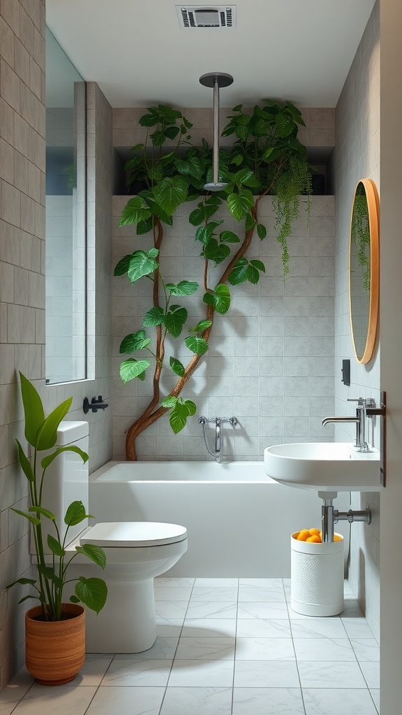 A modern bathroom with plants and water-saving fixtures