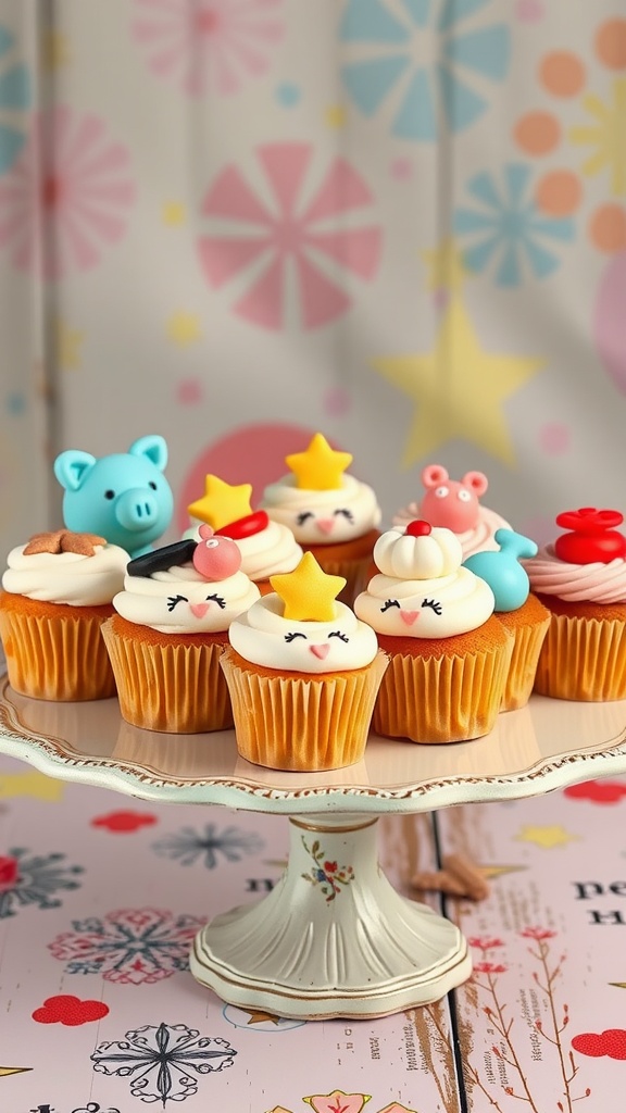 An assortment of whimsical cupcakes with colorful, playful toppings on a decorative stand.