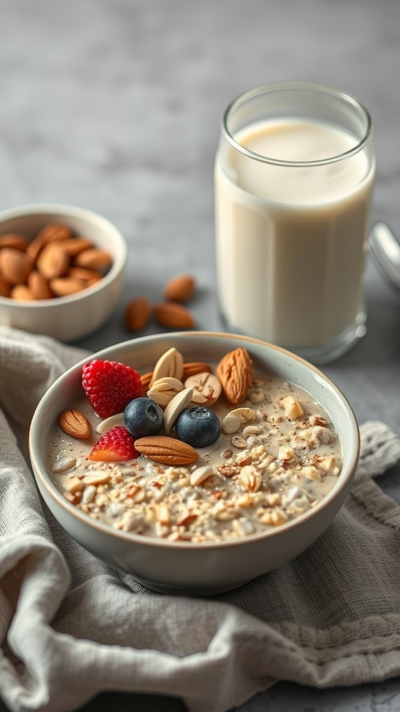 A bowl of oatmeal topped with nuts and berries, with a glass of milk and almonds in the background.