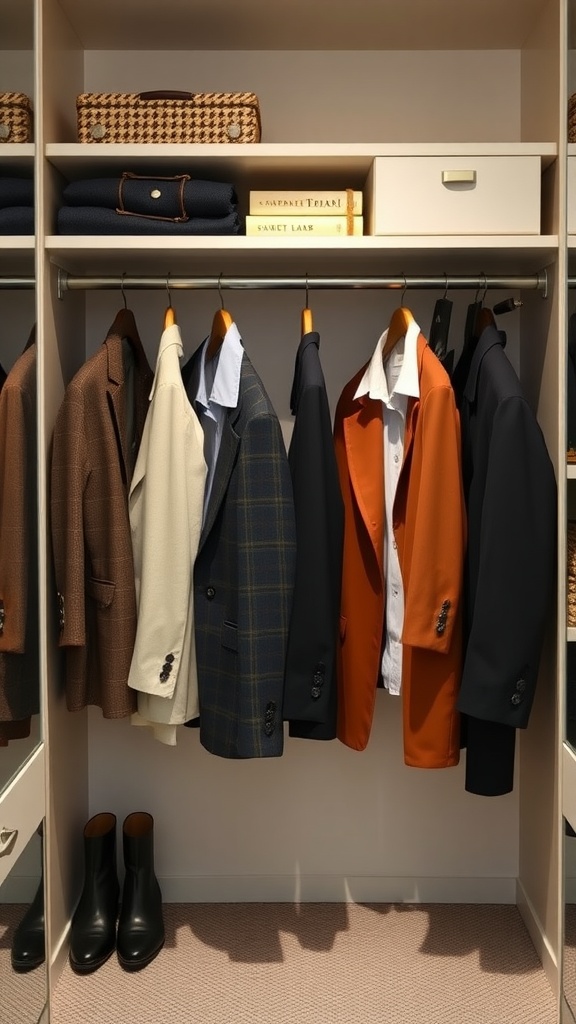 A neatly arranged closet showcasing a variety of blazers and a pair of black boots.