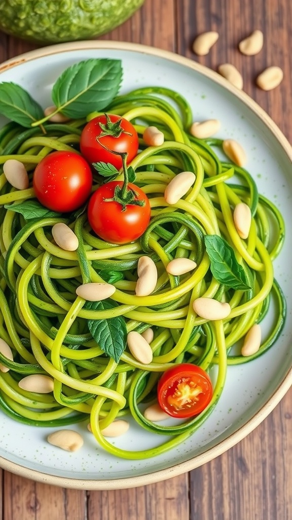 A plate of zucchini noodles topped with pesto, cherry tomatoes, and pine nuts.