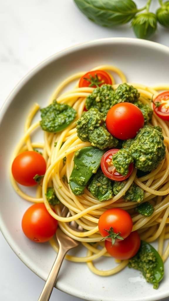 A plate of zucchini noodles topped with pesto and cherry tomatoes.