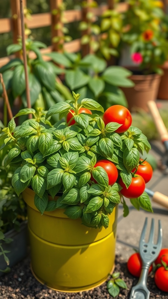 A yellow pot filled with basil and ripe tomatoes, showcasing their vibrant colors and healthy growth.