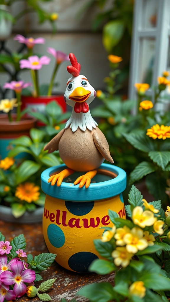 A whimsical clay chicken sculpture on top of a colorful pot surrounded by flowers