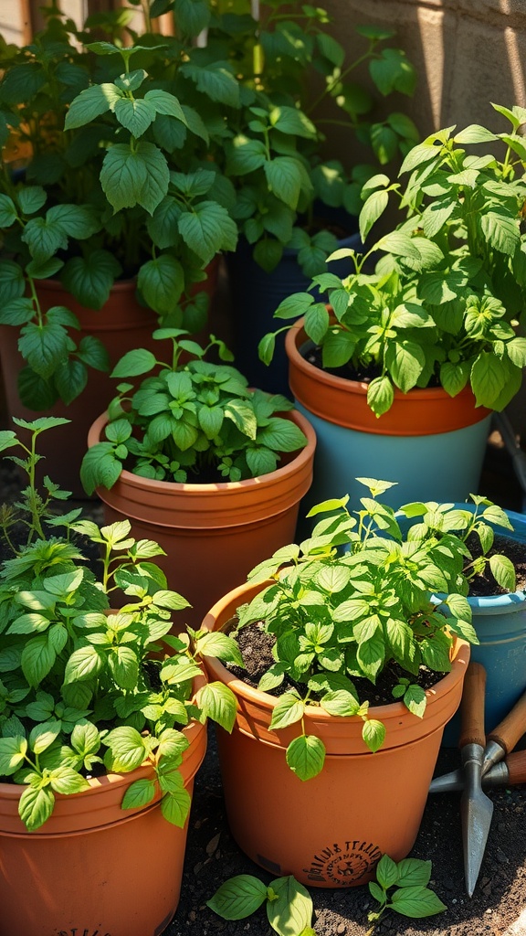 A collection of pots with growing cilantro and basil plants