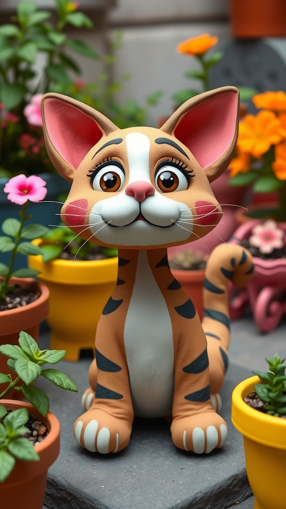 A cute clay cat sculpture with a smiling face and striped patterns, surrounded by colorful flower pots.