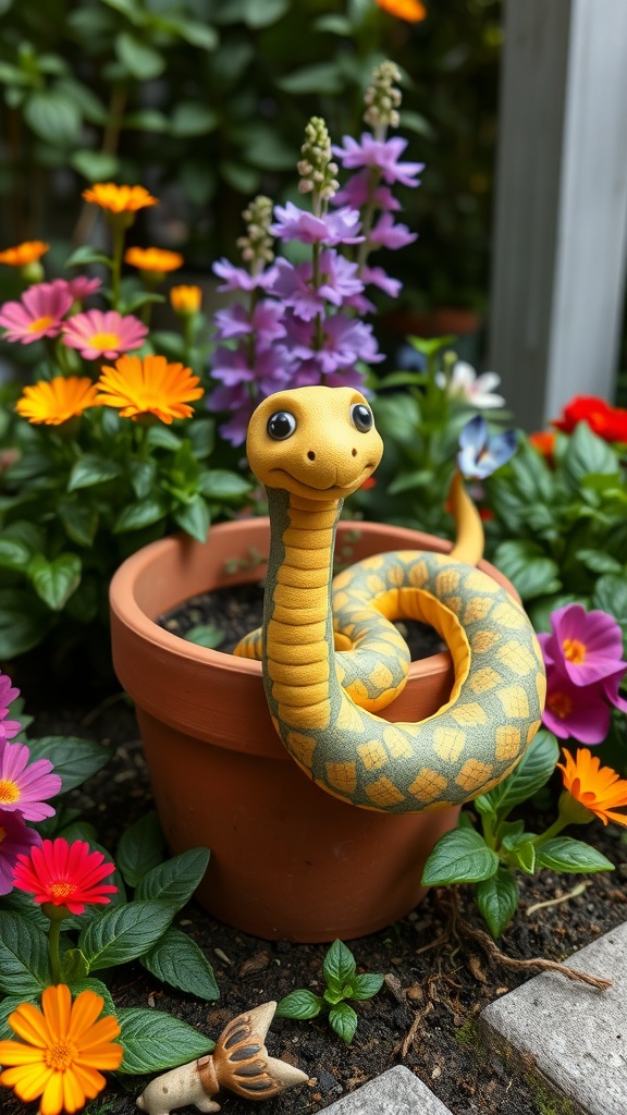 A cute clay snake sculpture peeking out from a flower-filled pot, showcasing vibrant colors and playful design.