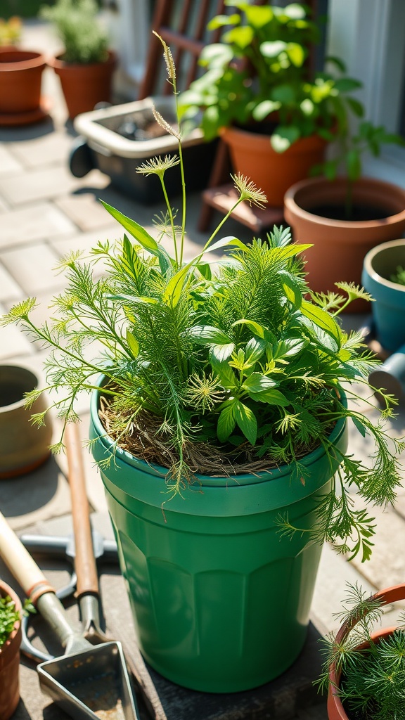 A green pot containing fennel and dill, surrounded by other plant pots and gardening tools.