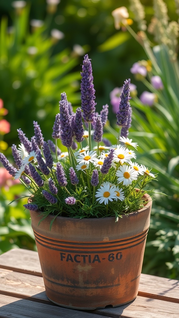 A pot with lavender and chamomile flowers, showcasing calming aromas.