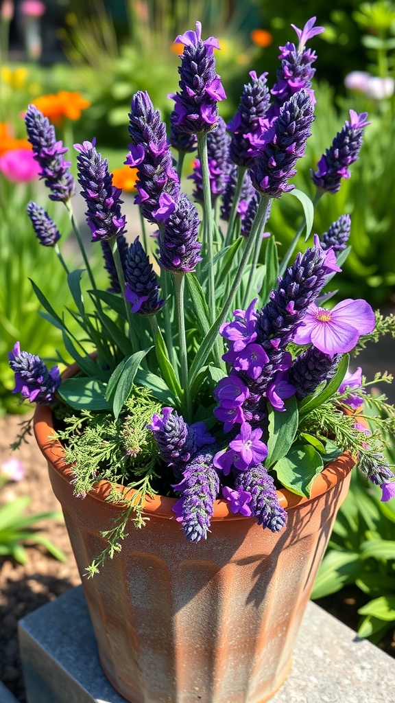 A pot containing lavender and lemon thyme, showcasing vibrant purple flowers and lush green leaves.