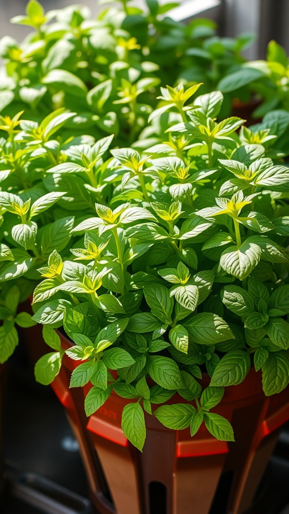 Lush green mint plants growing in pots.