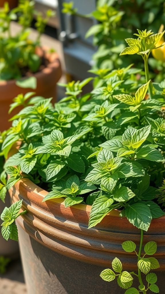 A close-up view of lush mint leaves in a terracotta pot under sunlight.