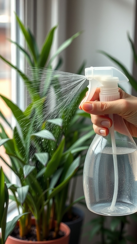 A person misting houseplants with a spray bottle, showing the importance of humidity for plant health.