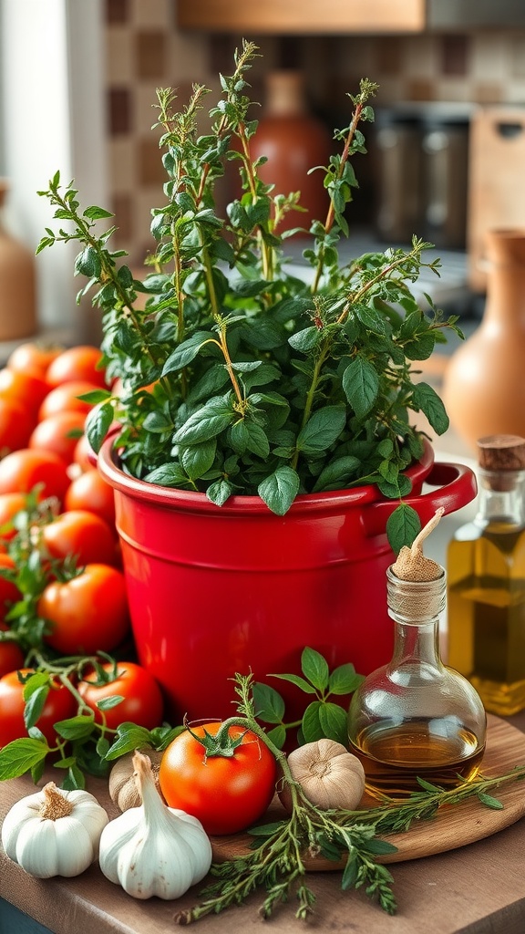 A pot of fresh oregano surrounded by tomatoes, garlic, and olive oil, perfect for Italian recipes.