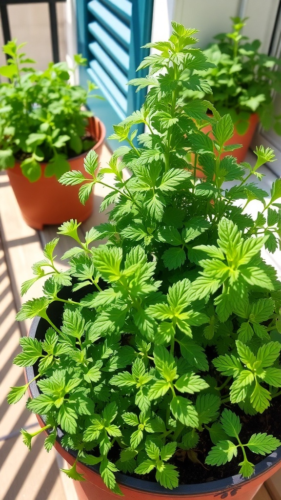 A close-up of parsley and mint plants growing in pots on a sunny balcony.