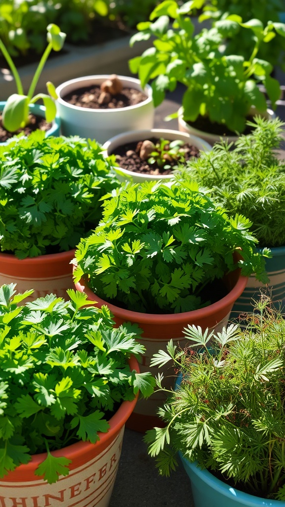 Pots of fresh parsley, cilantro, and dill growing together in a sunny garden setting.