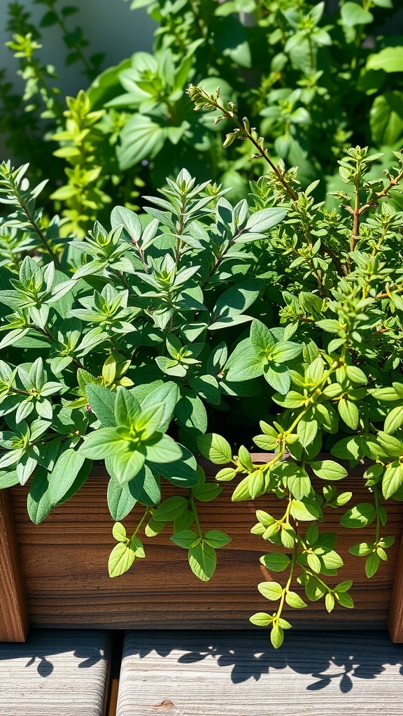 A wooden planter box filled with green herbs, including sage and tarragon, basking in sunlight.