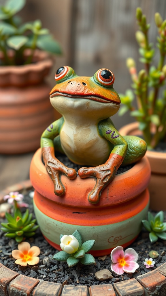 A colorful smiling frog sculpture sitting in a flower pot surrounded by small plants.