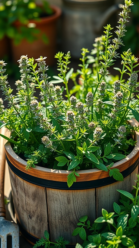 A pot filled with thyme and oregano plants, showcasing their lush green foliage and healthy growth.