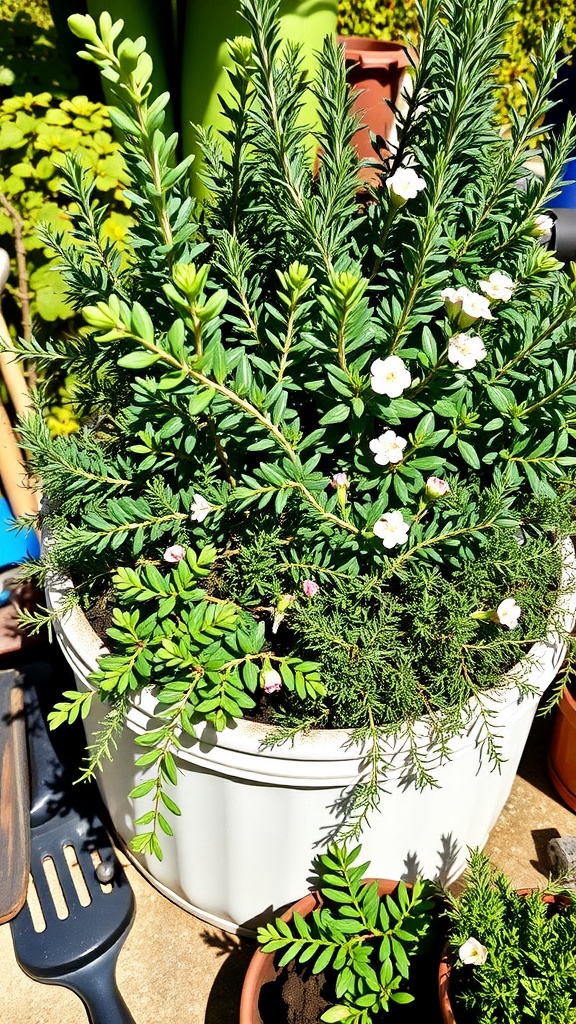 A pot with thriving thyme and rosemary plants, showcasing their lush green foliage