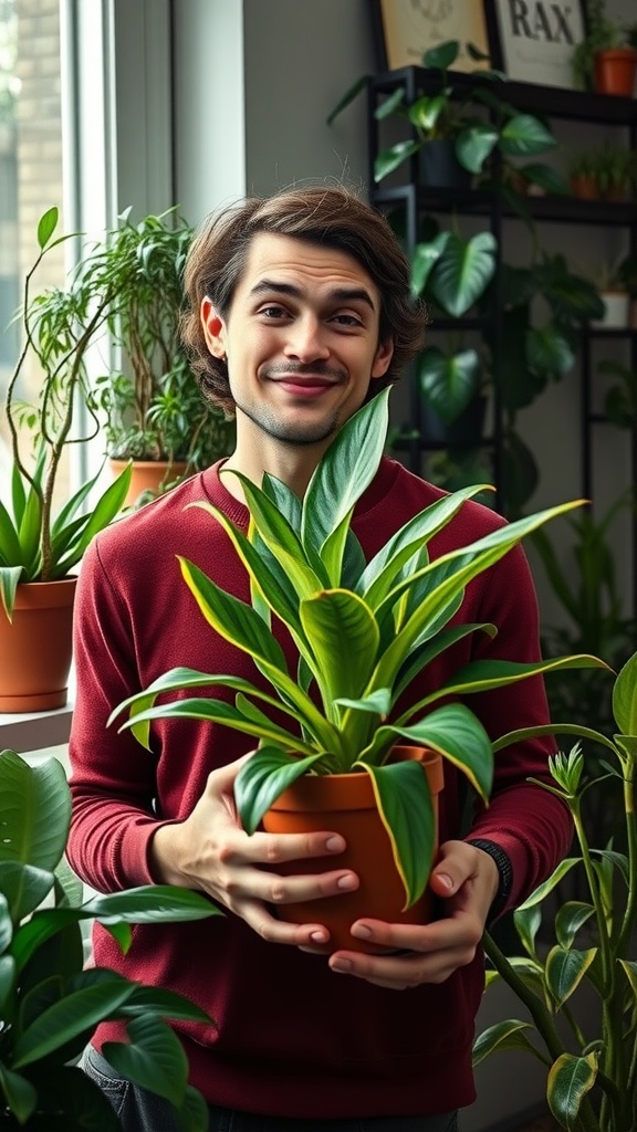 A person smiling while holding a houseplant in a room filled with greenery.