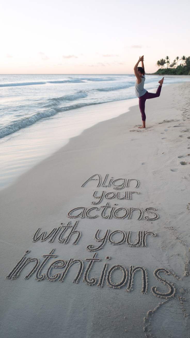 A person practicing yoga on the beach with the words 'Align your actions with your intentions' written in the sand.