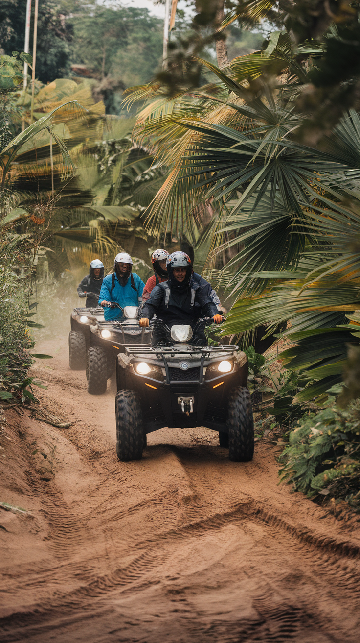 Group of people riding ATVs on a sandy path surrounded by tropical vegetation.