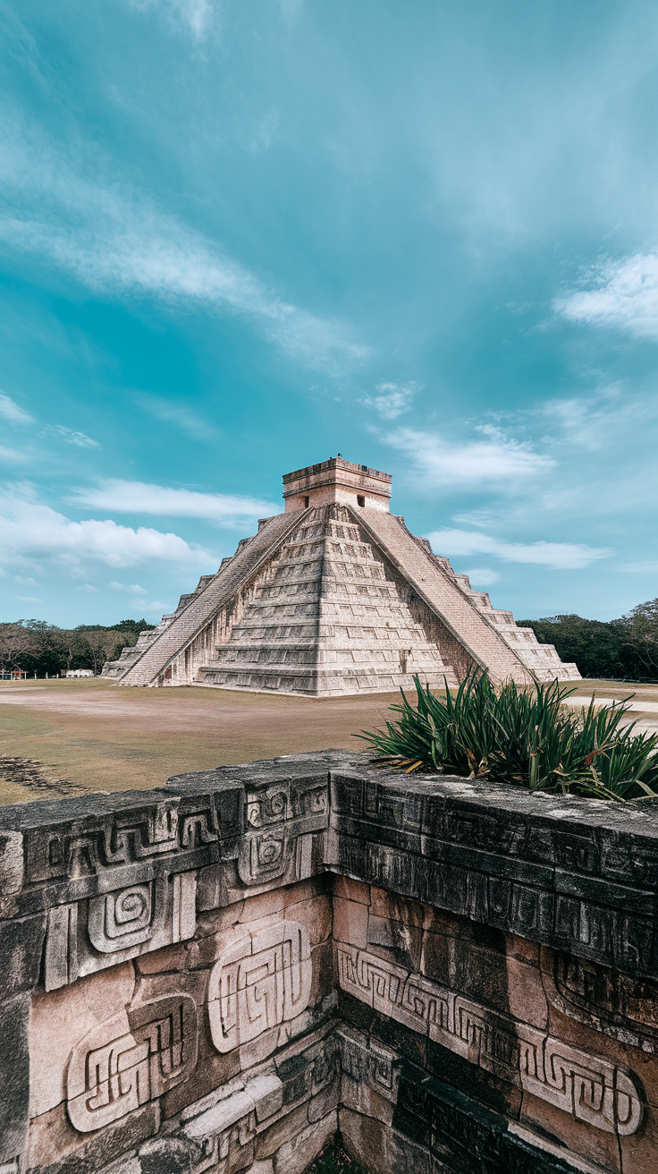 Chichen Itza pyramid with clear blue sky