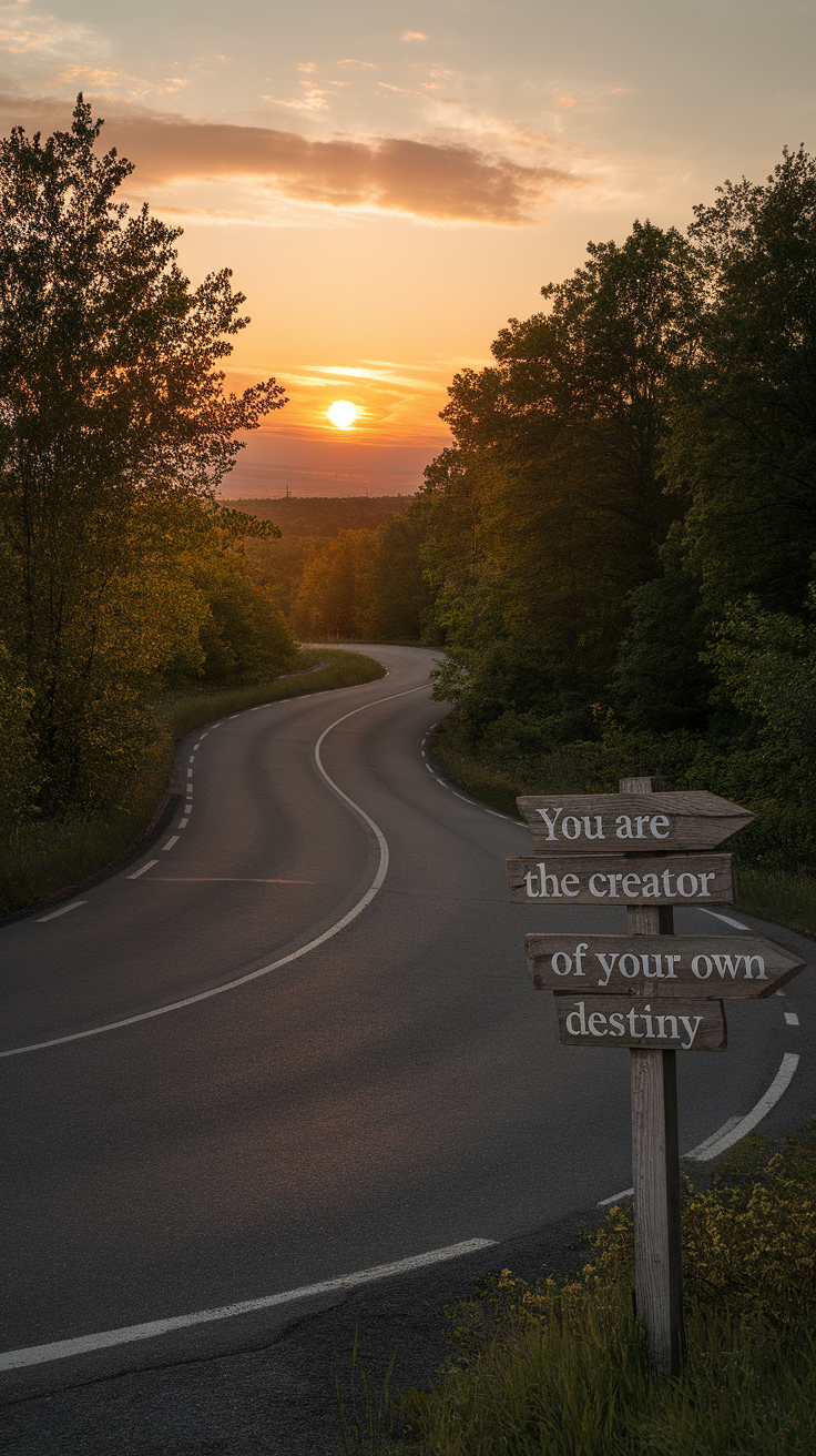 A scenic road winding through trees with a sunset in the background, featuring a sign that says 'You are the creator of your own destiny.'