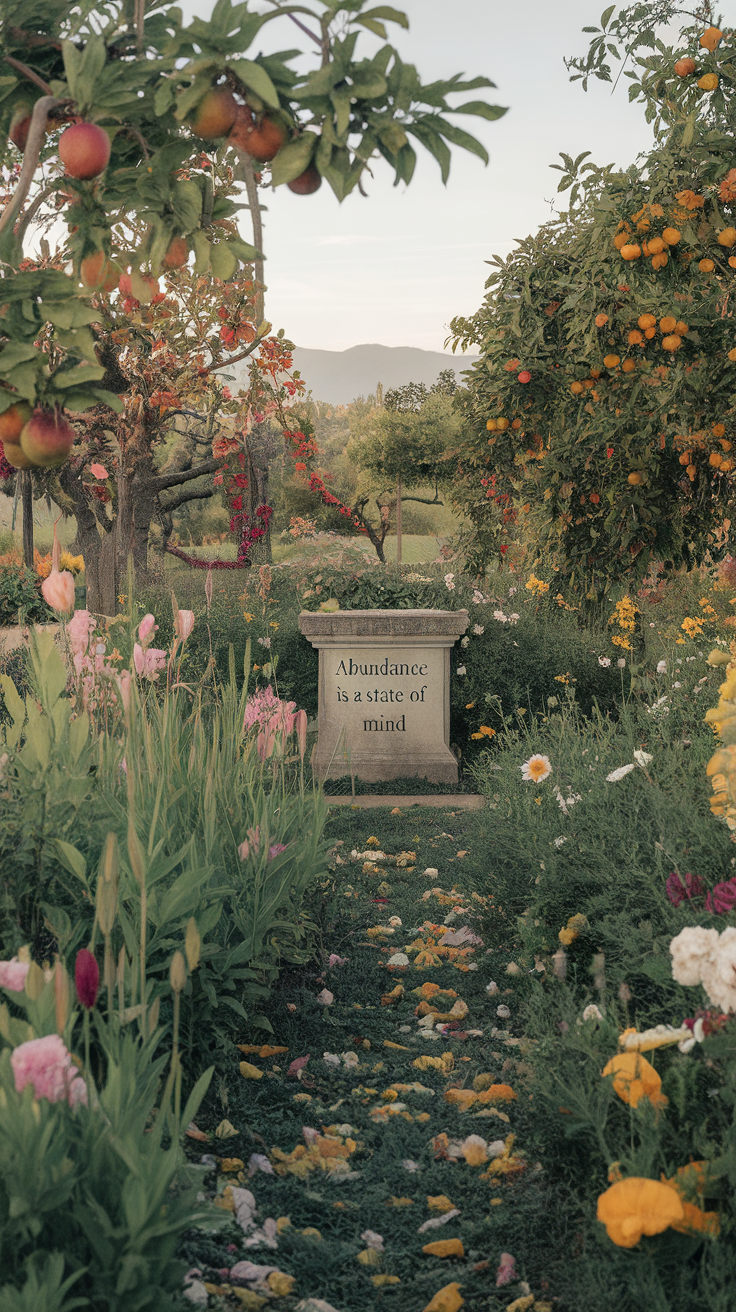 A beautiful garden filled with colorful flowers and fruit trees, featuring a stone that reads 'Abundance is a state of mind.'