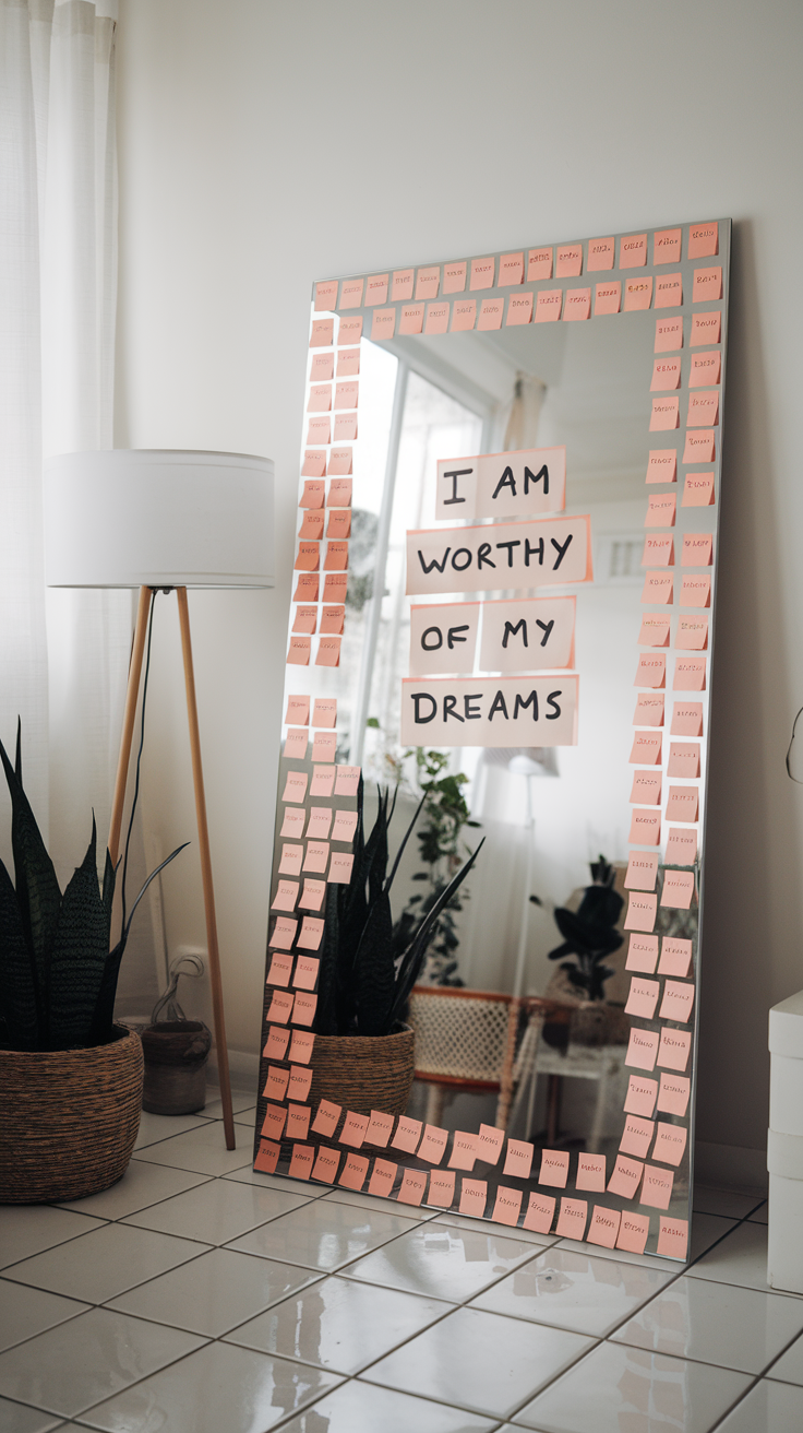 A mirror surrounded by sticky notes with affirmations, including 'I am worthy of my dreams'.