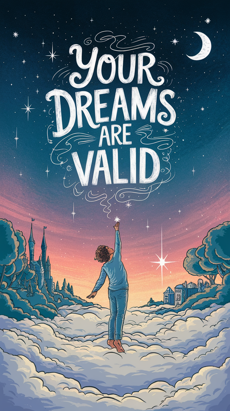 A child reaching up towards the sky with the text 'Your Dreams Are Valid' surrounded by stars and clouds.