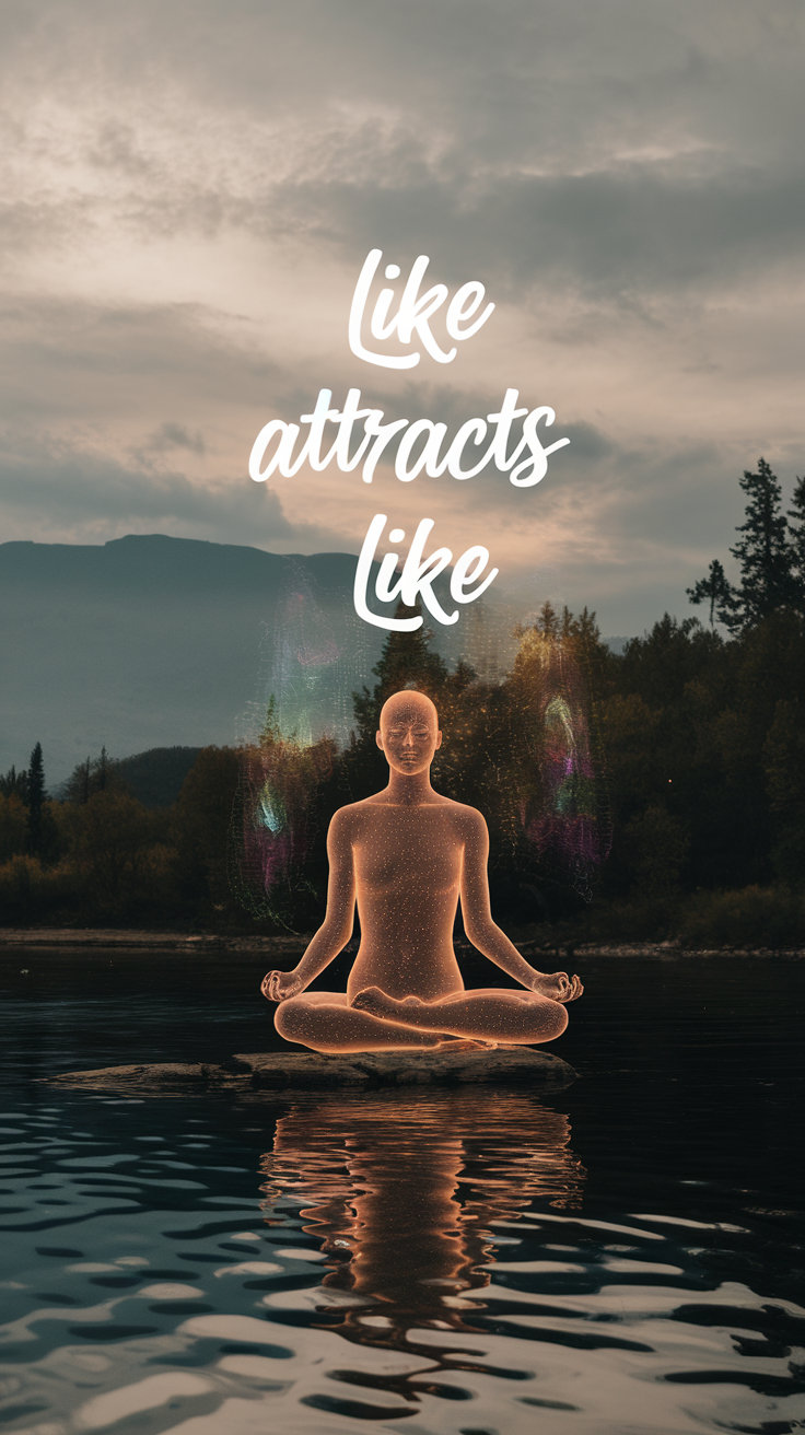 A silhouette of a person meditating with the text 'like attracts like' above, set against a scenic backdrop.