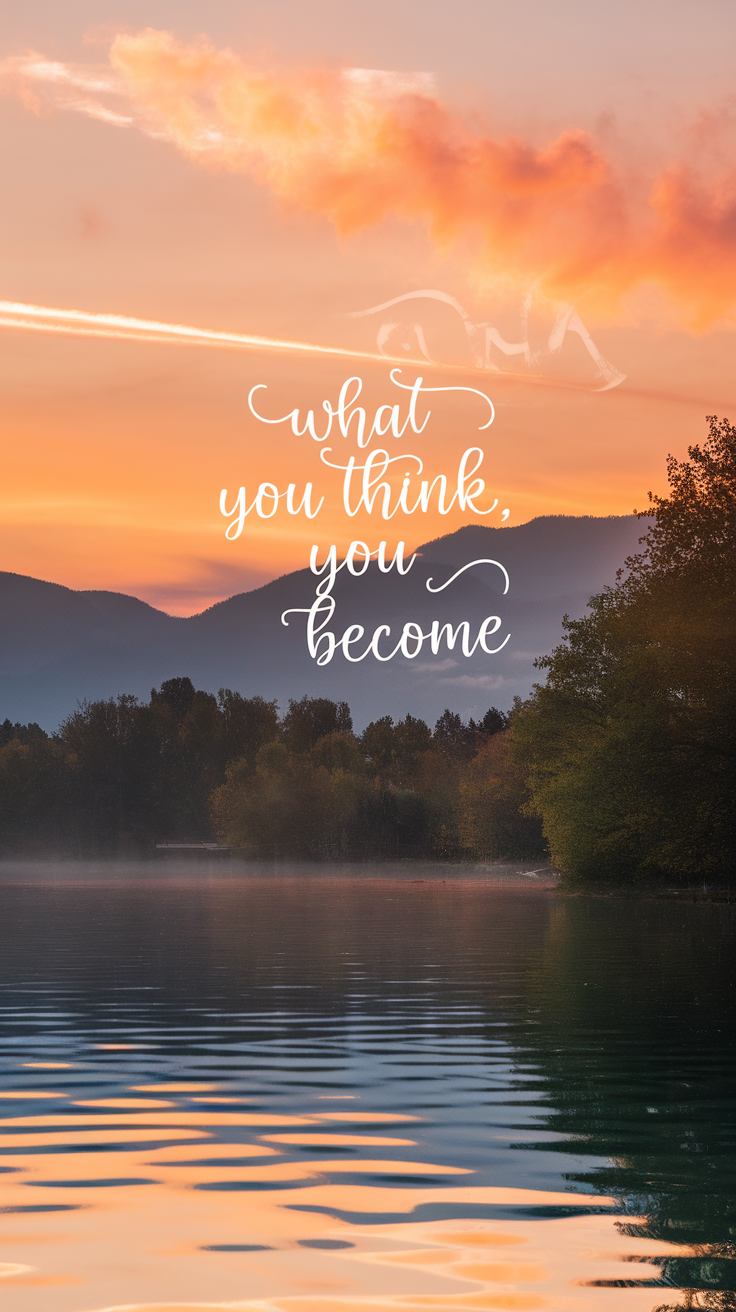 An inspiring sunset over a calm lake with the text 'what you think, you become' overlaying the image.