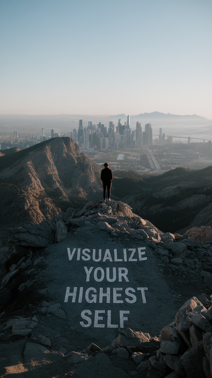 A person standing on a mountain overlooking a city with a sign that says 'Visualize Your Highest Self'.