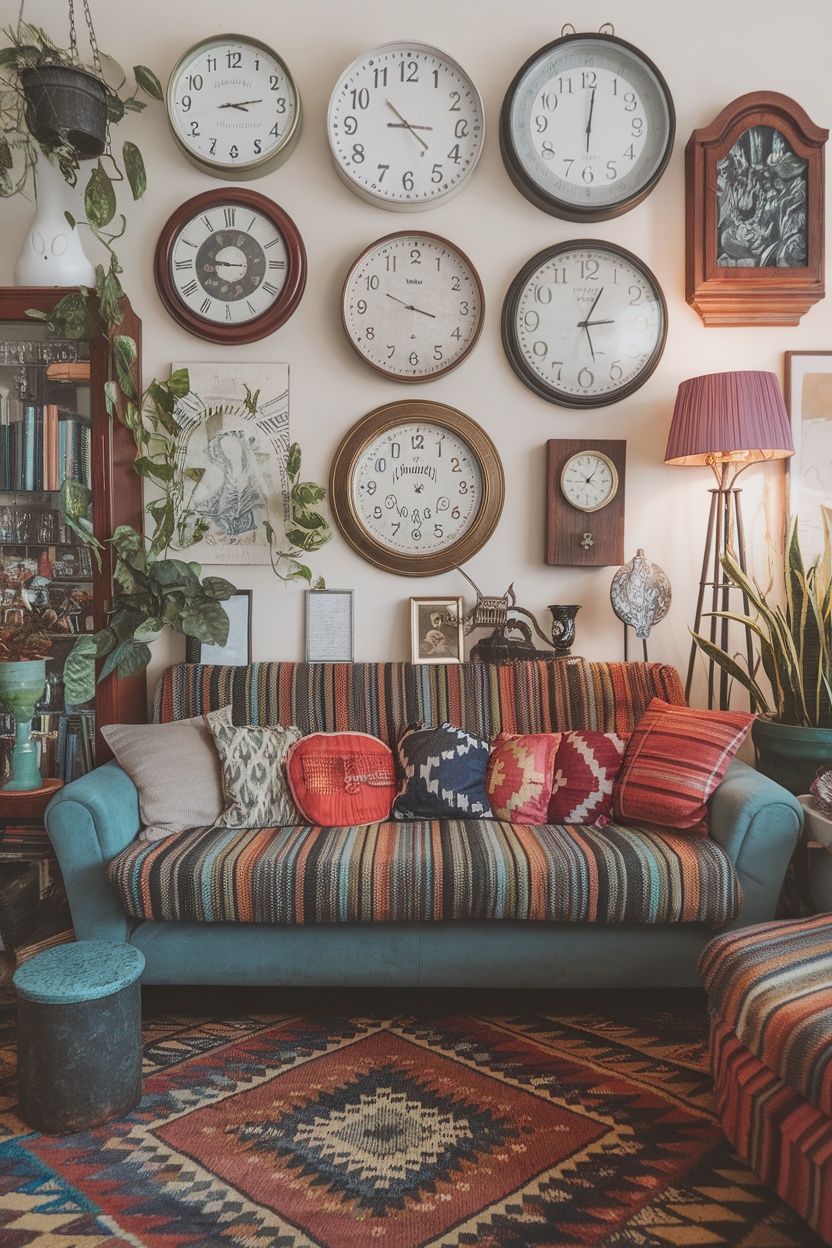 A vibrant living room with an eclectic display of various wall clocks.